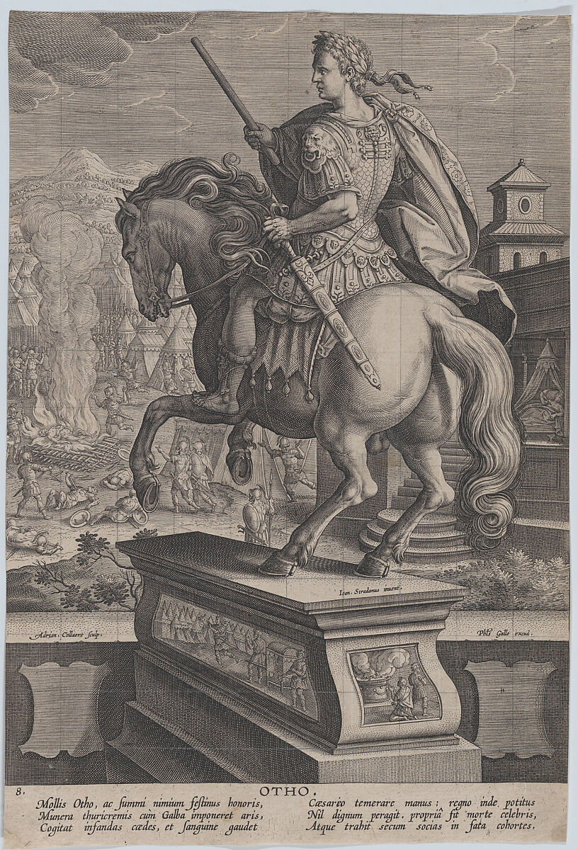 Plate 8: equestrian statue of Otho, seen from behind, his death scene in the background with him stabbing himself at right and the burning of his body at left, from 'Roman Emperors on Horseback', Adriaen Collaert (Netherlandish, Antwerp ca. 1560–1618 Antwerp), Engraving, squared in graphite 