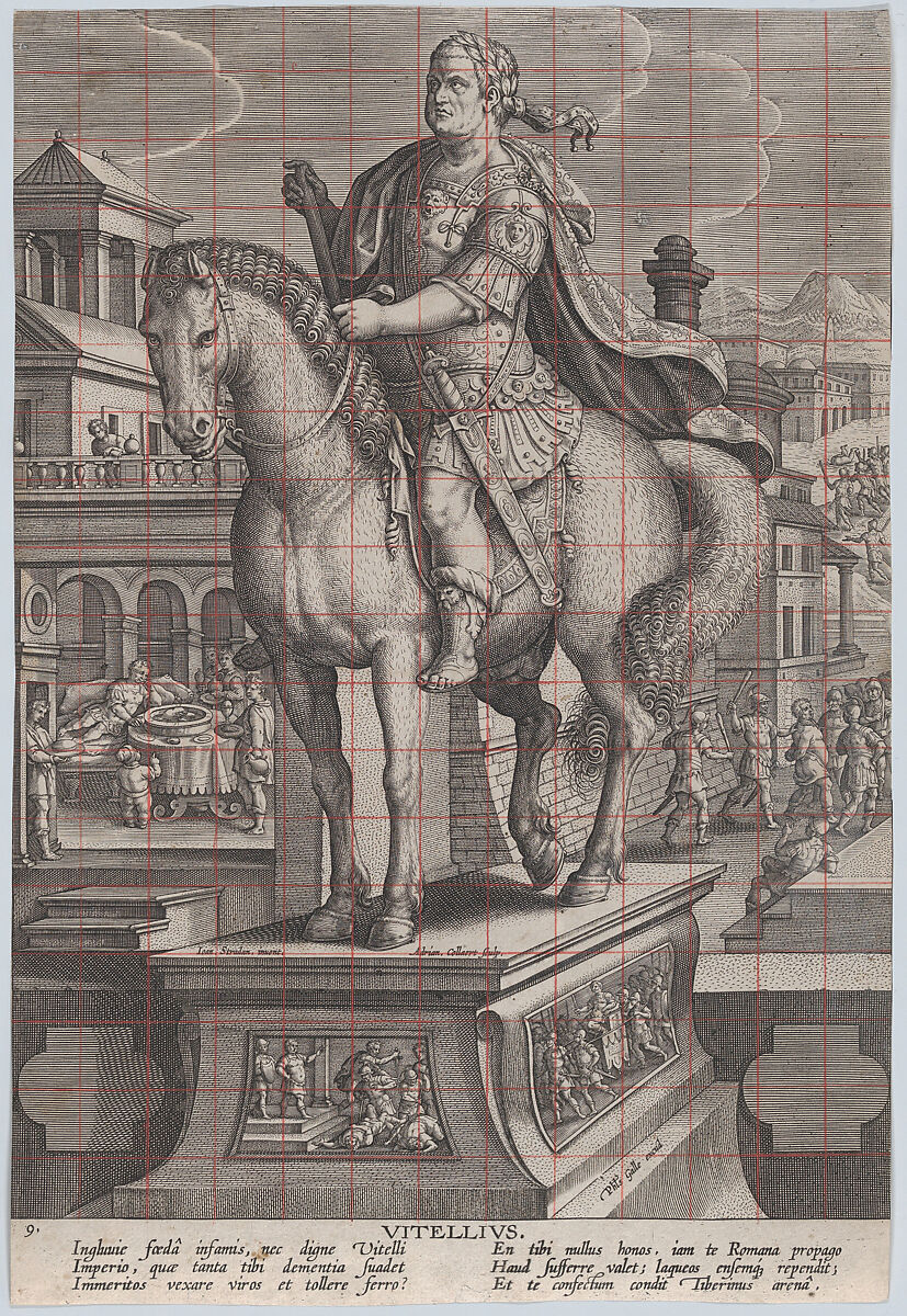Plate 9: equestrian statue of Vitellius, seen three-quarters to the left, with his death scene in the background at right, his body being thrown into the Tiber at upper right, from 'Roman Emperors on Horseback', Adriaen Collaert (Netherlandish, Antwerp ca. 1560–1618 Antwerp), Engraving, squared in red 