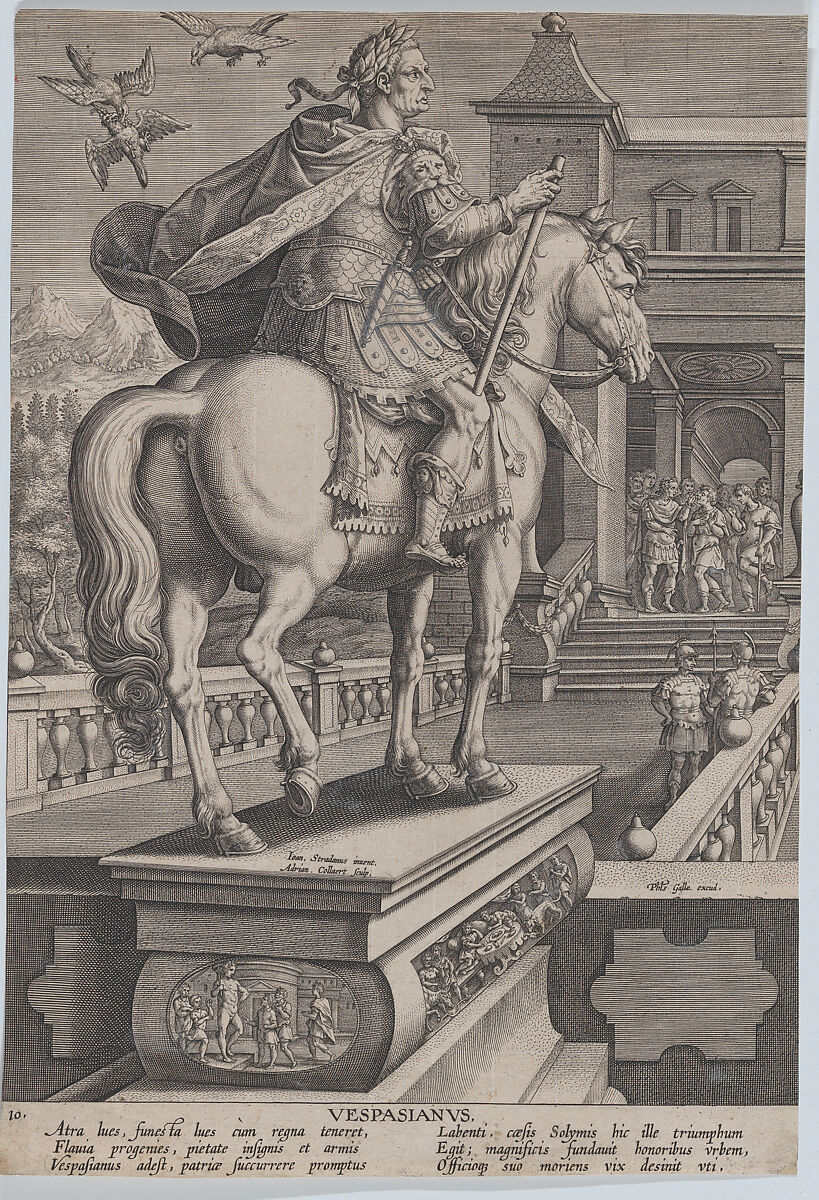Plate 10: equestrian statue of Vespasian, seen from behind, three birds at upper right with one attacking another, from 'Roman Emperors on Horseback', Adriaen Collaert (Netherlandish, Antwerp ca. 1560–1618 Antwerp), Engraving 
