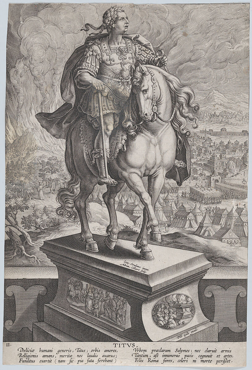 Plate 11: equestrian statue of Titus, seen three-quarters to the right, Mount Vesuvius erupting at left in the background, from 'Roman Emperors on Horseback', Adriaen Collaert (Netherlandish, Antwerp ca. 1560–1618 Antwerp), Engraving 