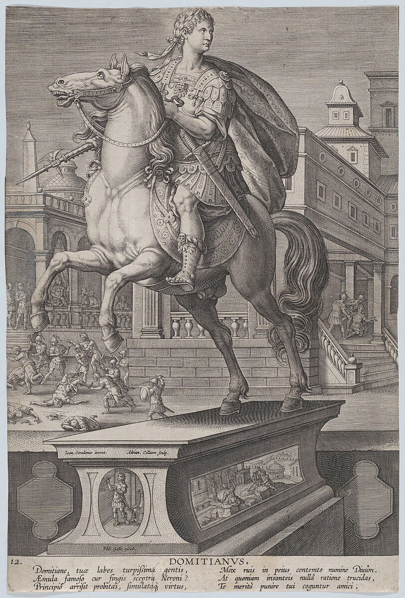 Plate 12: equestrian statue of Domitian, seen three-quarters to the left, with his stabbing death at right in the background, from 'Roman Emperors on Horseback', Adriaen Collaert (Netherlandish, Antwerp ca. 1560–1618 Antwerp), Engraving 