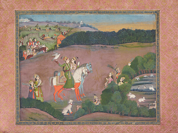 Baz Bahadur and Rupmati Hawking, Attributed to Mir Kalan Khan (active ca. 1730–75), Opaque watercolor on paper, India (Mughal court at Delhi) 