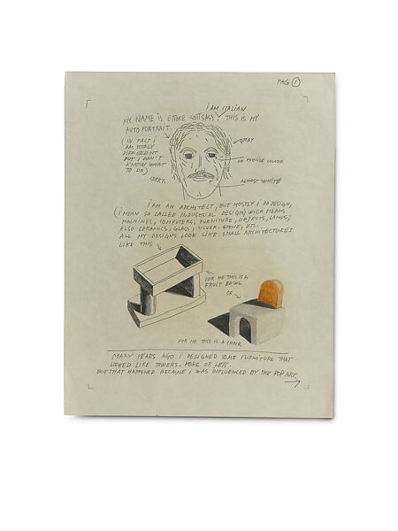 Autobiographic Design, Ettore Sottsass (Italian (born Austria), Innsbruck 1917–2007 Milan), Reproduction of original drawing 