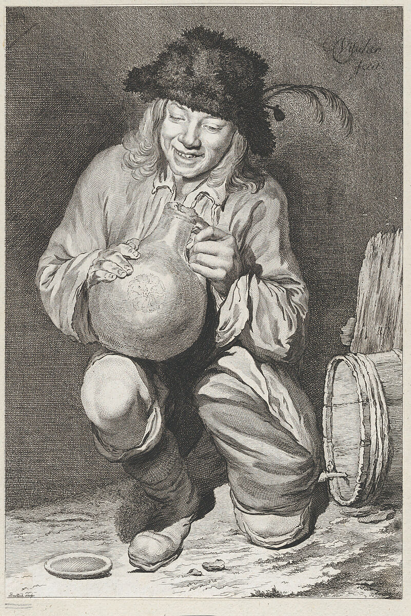 The Joy of the Cellar: kneeling farmer boy holding a jug next to wine barrel, Adam von Bartsch (Austrian, Vienna 1757–1821 Vienna), Etching and engraving 