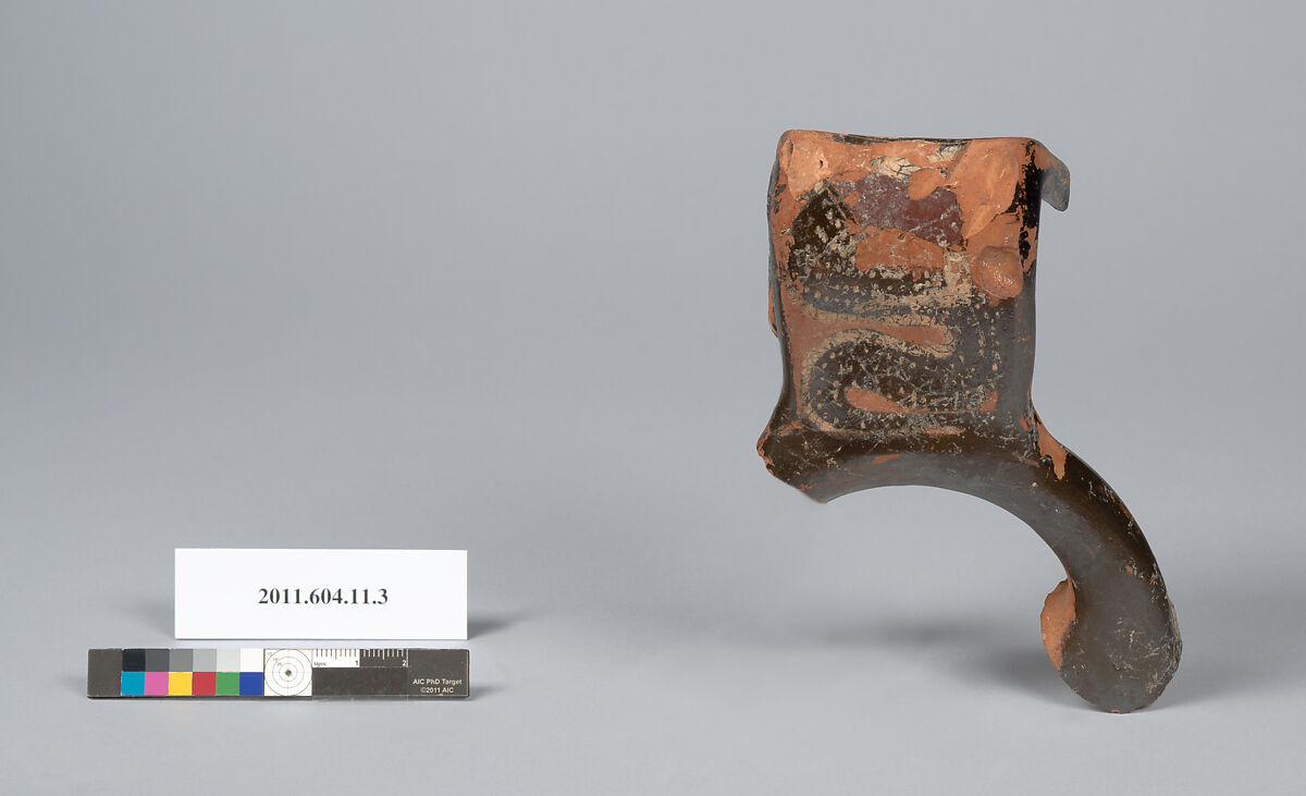 Terracotta fragment of a krater (bowl for mixing wine and water), Terracotta, Greek, Chalcidian 