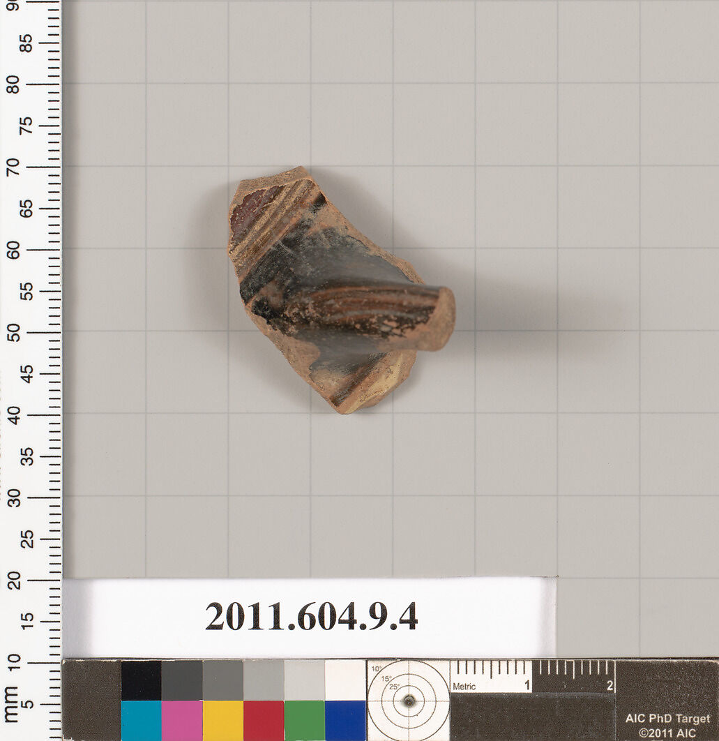 Terracotta fragment of a kylix (drinking cup), Terracotta, Greek, Laconian