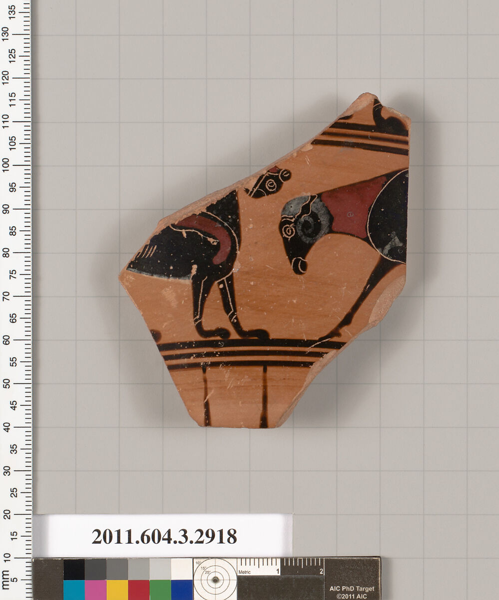 Terracotta fragment of a neck-amphora (jar), Tyrrhenian, Terracotta, Greek, Attic 