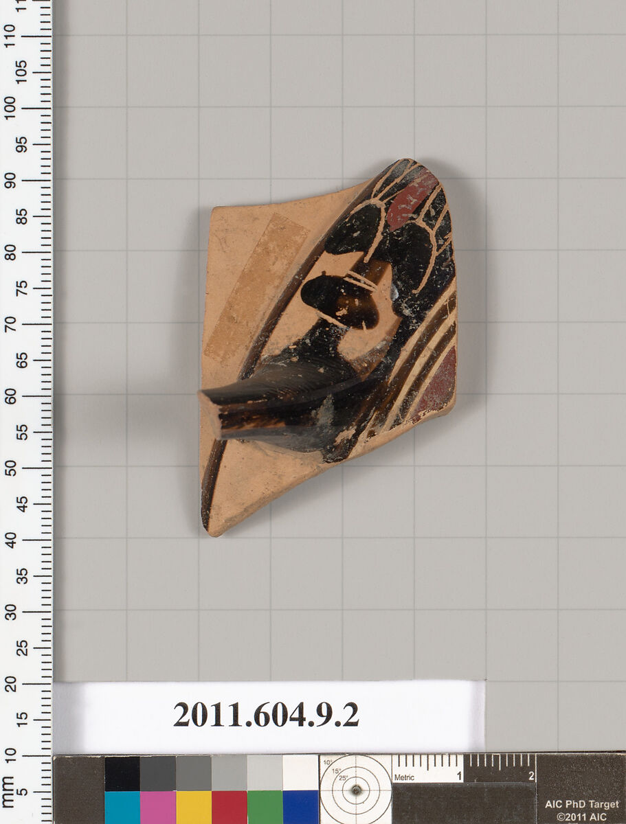 Terracotta fragment of a kylix (drinking cup), Attributed to the Rider Painter [Stibbe], Terracotta, Greek, Laconian