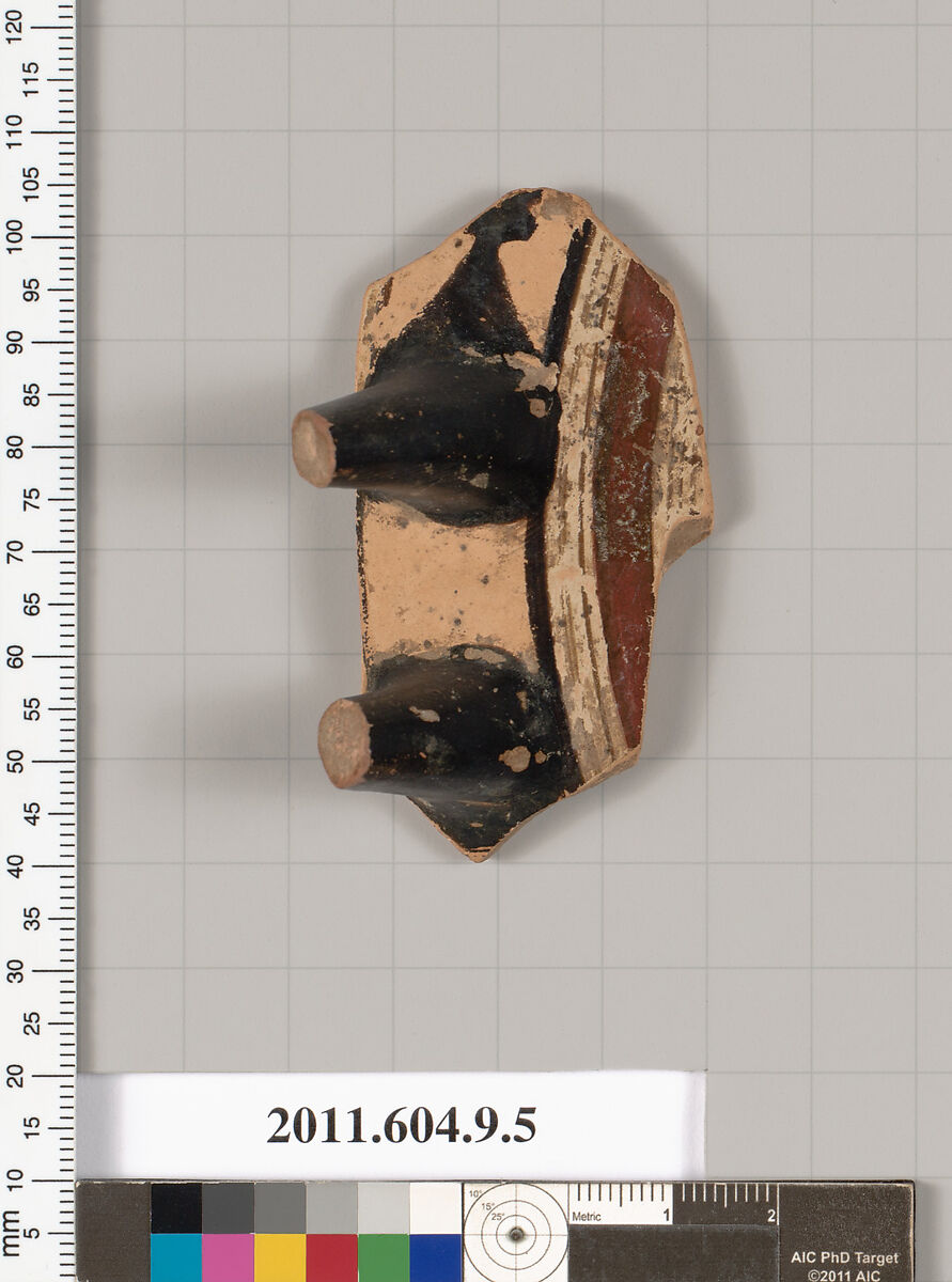 Terracotta fragment of a kylix (drinking cup), Attributed to the Rider Painter [Stibbe], Terracotta, Greek, Laconian