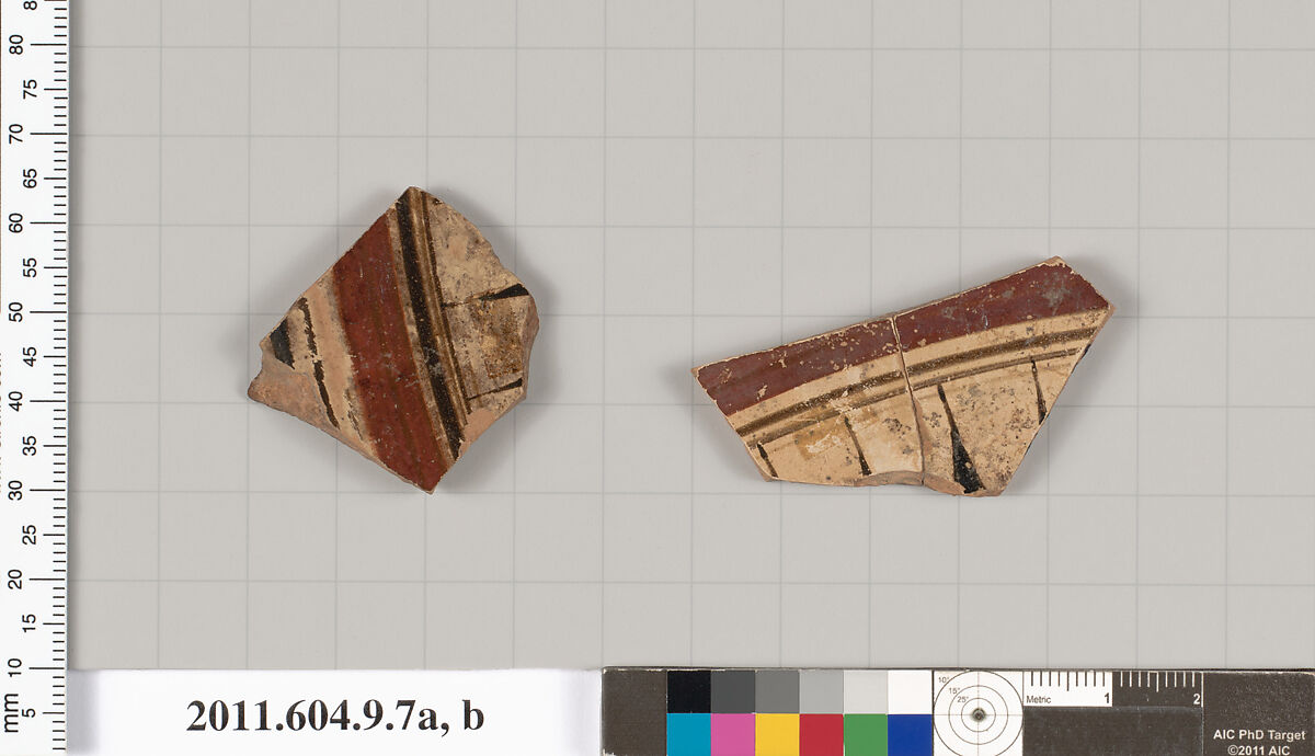 Terracotta fragment of a kylix (drinking cup), Naukratis Painter, Terracotta, Greek, Laconian