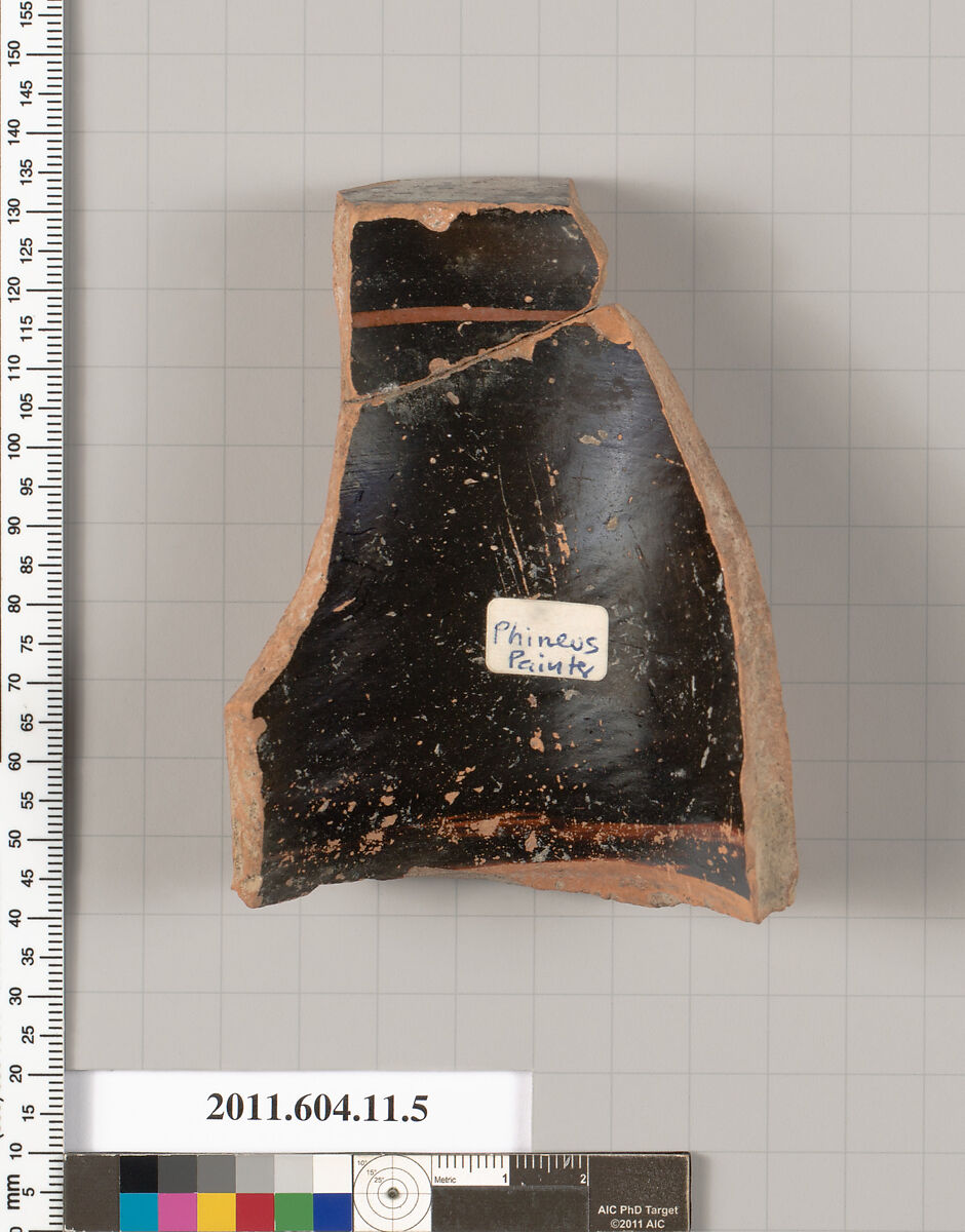 Terracotta fragment of a neck-amphora (jar), Attributed to the Phineus Painter [DvB], Terracotta, Greek, Chalcidian