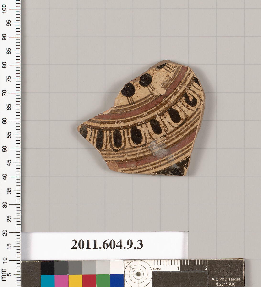 Terracotta fragment of a kylix (drinking cup), Attributed to Typhon Painter [Stibbe], Terracotta, Greek, Laconian