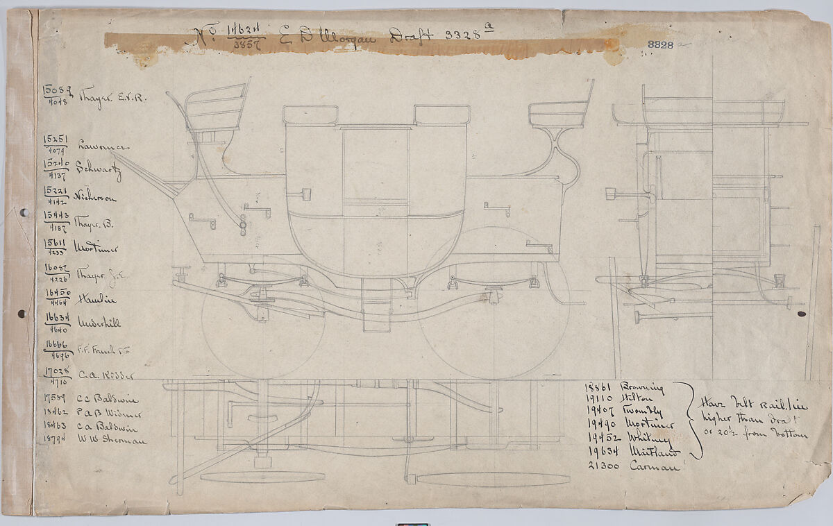 Park Drag #3328a, Brewster &amp; Co. (American, New York), Graphite on wove paper with linen tape adhered to left edge with perforations for binding. 