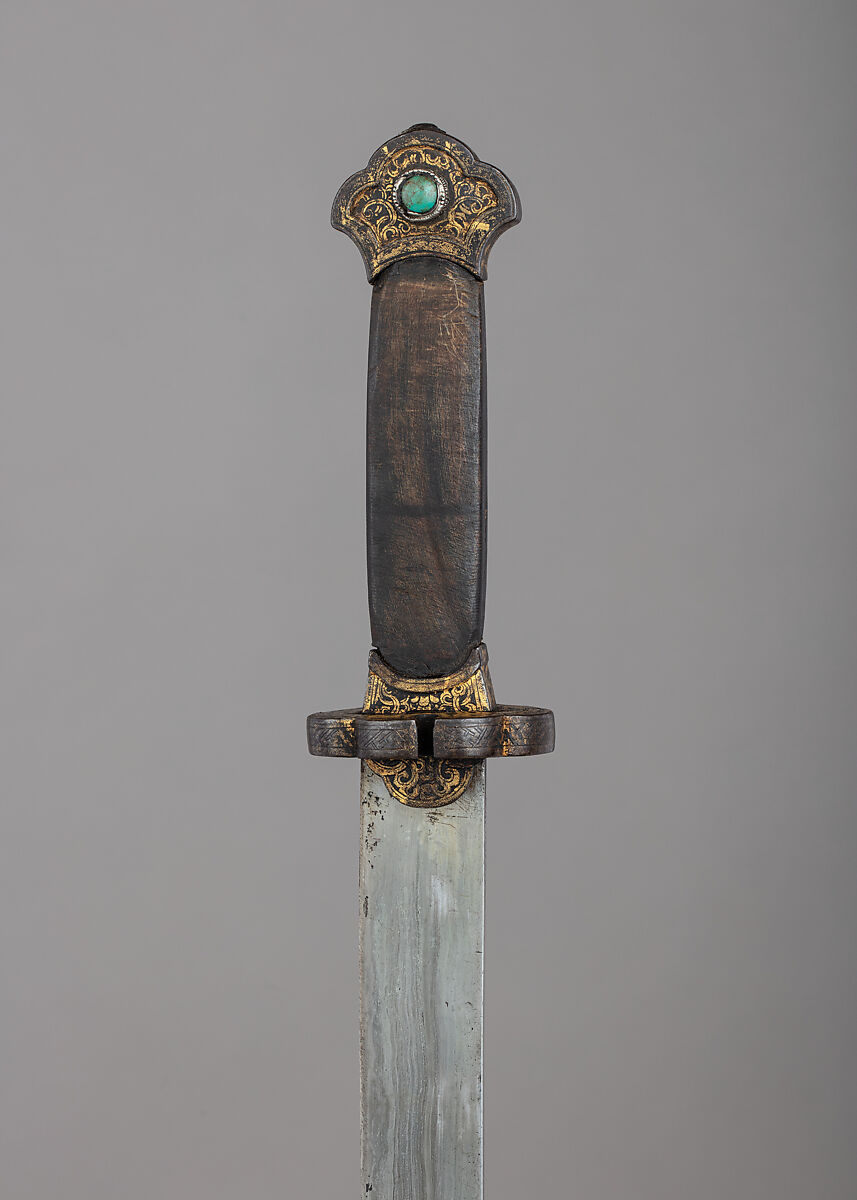 Saber and Scabbard, Steel, gold, silver, turquoise, leather, wood, Sino-Tibetan