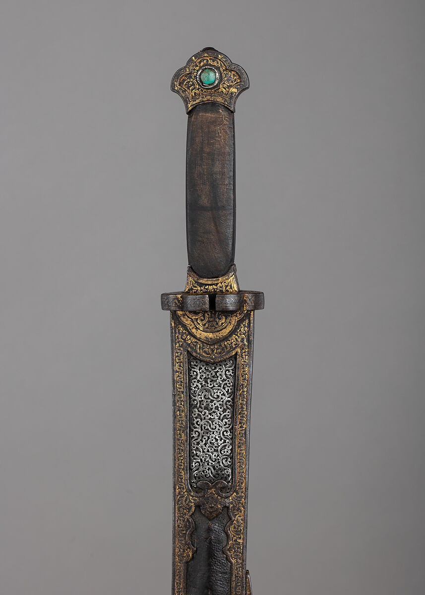 Saber and Scabbard, Steel, gold, silver, turquoise, leather, wood, Sino-Tibetan