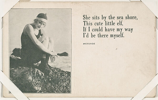 Bathing beauty on rock with message from Mack Sennett Comedies Arcade series (W423), Commercial photolithograph 