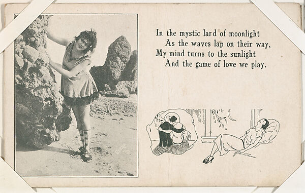 Bathing beauty leaning on rock with message from Mack Sennett Comedies Arcade series (W423), Commercial photolithograph 