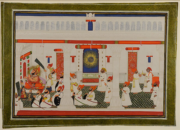 Maharana Bhim Singh and His Sons in the Surya Mahal, Attributed to Chokha (Indian, active 1799–ca. 1826), Opaque watercolor on paper, India (Udaipur, Mewar, Rajasthan) 