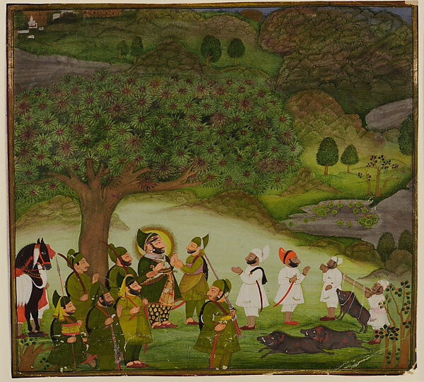 Maharana Bhim Singh Reviewing the Kill after a Boar Hunt, Chokha (Indian, active 1799–ca. 1826), Opaque watercolor on paper, India (Devgarh, Mewar, Rajasthan) 