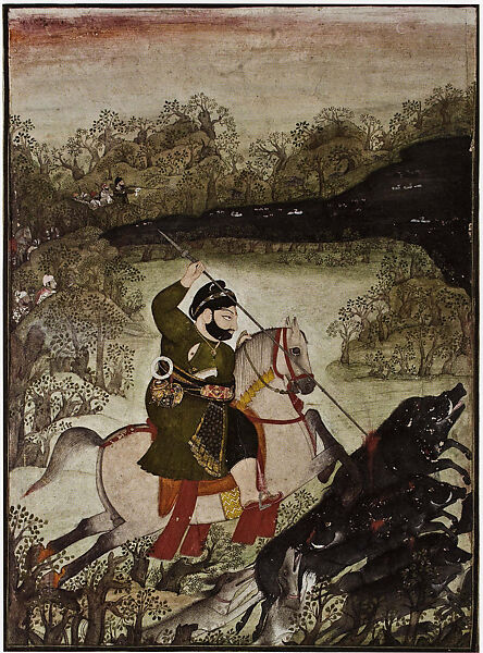 Rawat Gokul Das Hunting Boar, Chokha (Indian, active 1799–ca. 1826), Opaque watercolor on paper, India (Devgarh, Mewar, Rajasthan) 