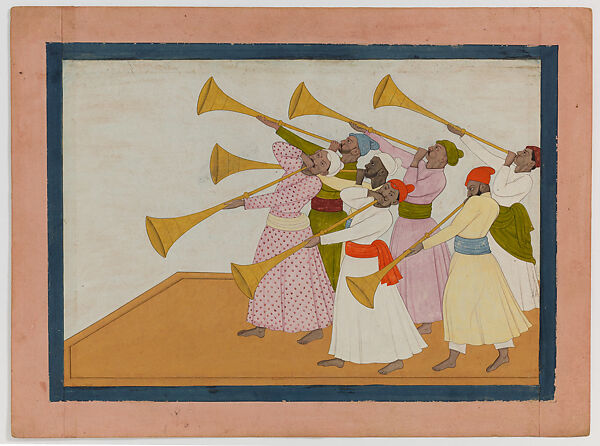 A Troupe of Trumpeters, Attributed to Nainsukh (active ca. 1735–78), Opaque watercolor on paper, India (Guler, Himachal Pradesh) 