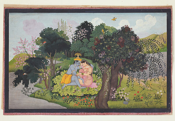 Krishna with Radha in a Forest Glade: Folio from the Second Guler Gita Govinda Series, First generation after Manaku and Nainsukh, Opaque watercolor on paper, India (Guler, Himachal Pradesh) 
