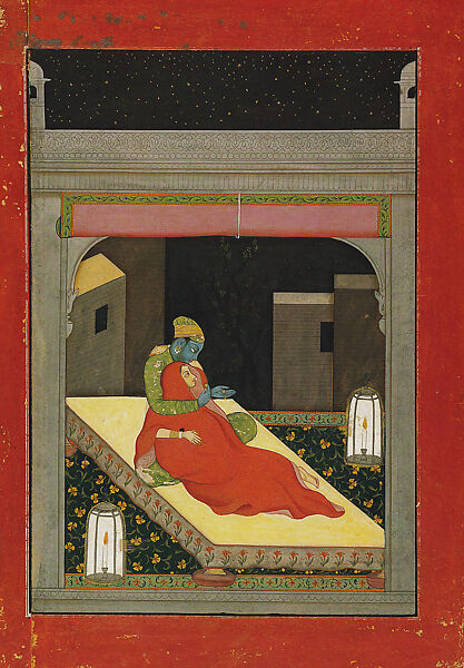 Krishna and Radha Enjoy a Winter's Evening on the Roof Terrace in the month of Margashirsha (November–December): Folio from a Baramasa Series, First generation after Manaku and Nainsukh, Opaque watercolor, gold and silver-colored paint on paper, India (Guler, Himachal Pradesh) 