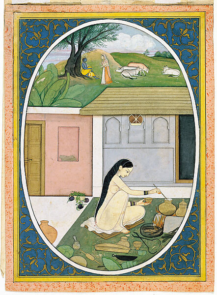 Radha Preparing Food while Krishna has a Dalliance with a Gopi: Folio from a Bihari Satsai Series, First generation after Manaku and Nainsukh, Opaque watercolor on paper, India (Guler, Himachal Pradesh) 