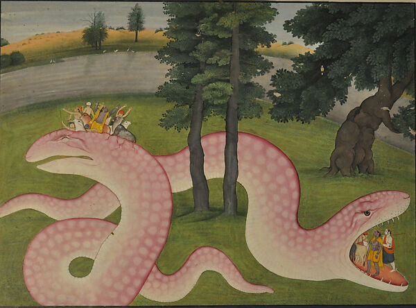 Krishna Slays Aghasura: Folio from a Bhagavata Purana Series, Fattu, Opaque watercolor on paper, India (Guler, Himachal Pradesh) 
