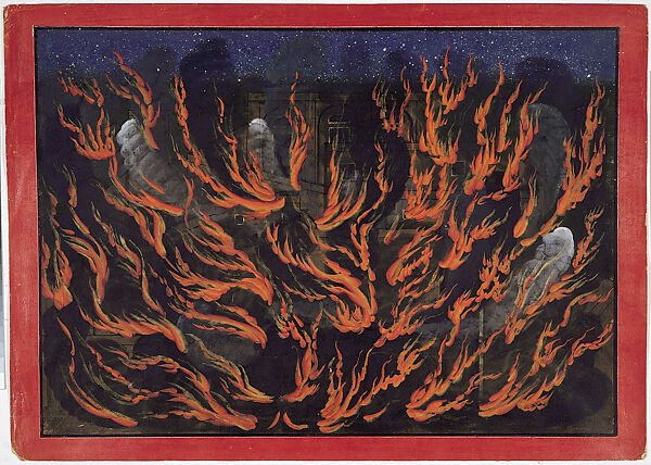 The Palace of the Pandava Brothers Set Ablaze: Folio from a Bhagavata Purana Series, Attributed to Fattu, Opaque watercolor on paper, India (Guler, Himachal Pradesh) 