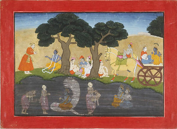 Akura's Mystic Vision of Vishnu on the Serpent Adisesha: Folio from a Bhagavata Purana, Attributed to Fattu, Opaque watercolor, ink, silver and gold on paper, India (Basholi, Punjab Hills) 