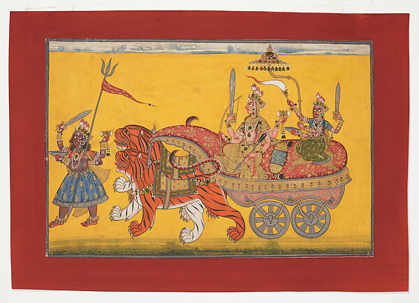 The Devi Parades in Triumph, Attributed to Kripal of Nurpur (active ca. 1660–90), Opaque watercolor, gold and beetle-wing cases on paper, India (Nurpur, Himachal Pradesh) 