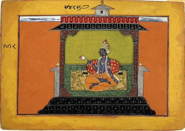 Krishna Longing for Radha: Folio from the Rasamanjari I Series, Attributed to Kripal of Nurpur (active ca. 1660–90), Opaque watercolor, gold and beetle-wing cases on paper, India (Nurpur, Punjab Hills) 