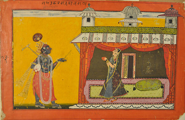 Darshan of Krishna: Folio from the Rasamanjari II Series, Devidasa of Nurpur (active ca. 1680–ca. 1720), Opaque watercolor, silver and gold on paper, India (Basohli, Jammu) 