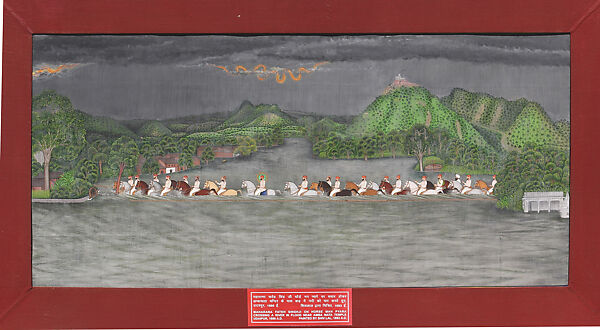 Maharana Fateh Singh’s hunting party crossing a river in a flood, Shivalal, Opaque watercolor on paper, India (Udaipur, Mewar, Rajasthan) 