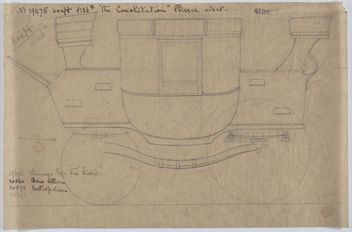 Road Coach #4126, Brewster &amp; Co. (American, New York), Graphite on tracing paper overlay. 