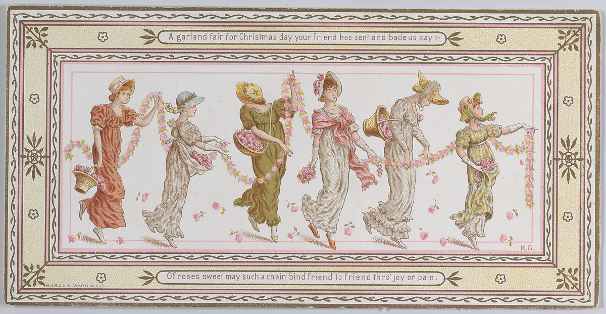 Valentine, Kate Greenaway (British, London 1846–1901 London), White glossy card stock, with chromolithography in colors and gold. 