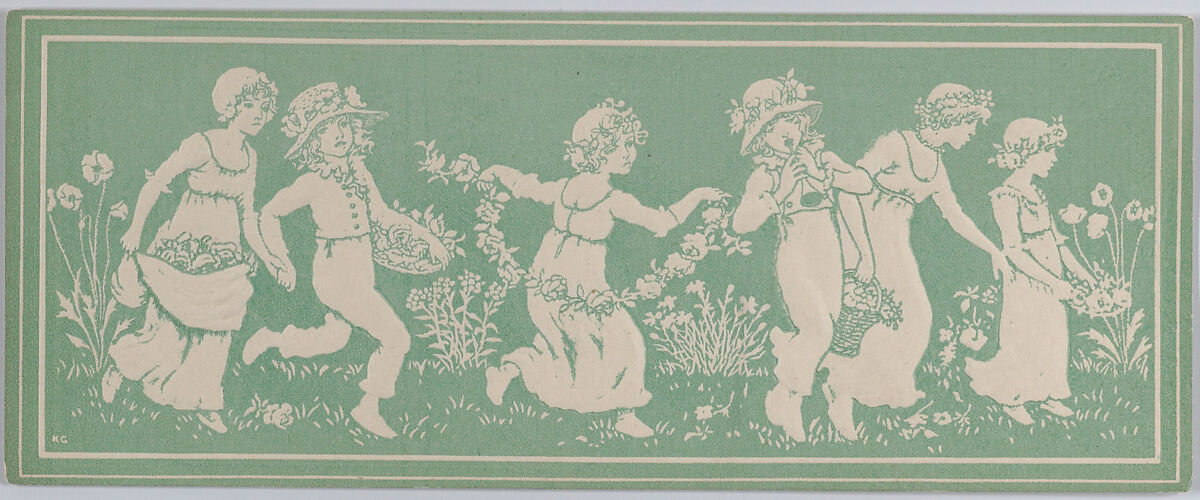 Valentine, Kate Greenaway (British, London 1846–1901 London), White card, figures shown in raised cameo embossing; printed with green background. 