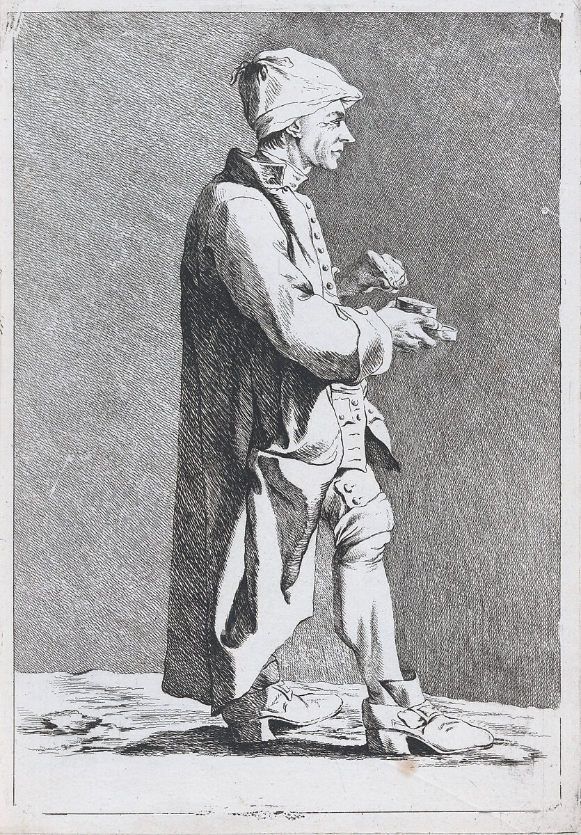 An Artist at the French Academy in Rome (?) with Box of Snuff, pl. VII from "Recueil de caricatures", Ange-Laurent de La Live de Jully (1725–1779), Etching 