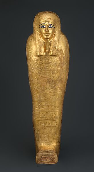Lid and base of the coffin of the priest of Heryshef, Nedjemankh, Cartonnage (linen, glue, and gesso), gesso, paint, gold, silver, resin, glass, wood, leaded bronze 