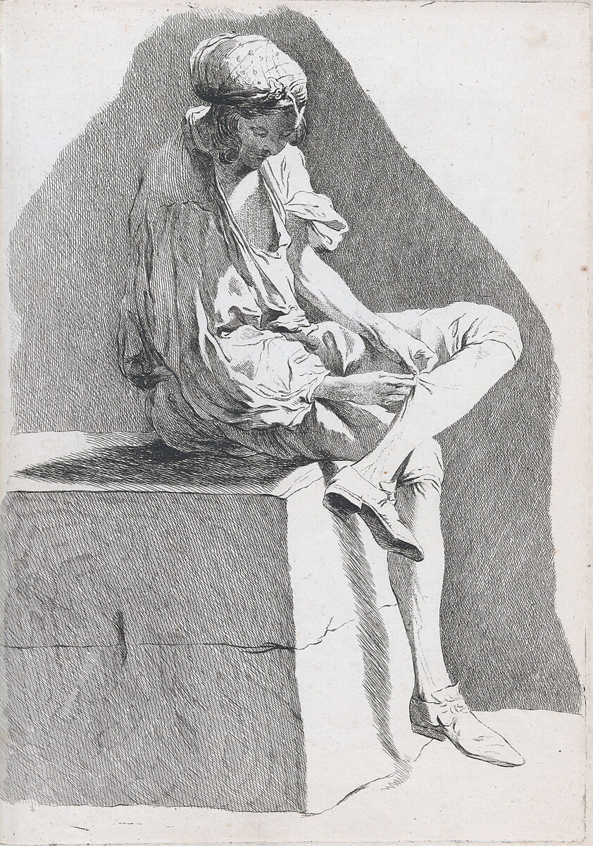 Youth Examining his Stocking (Young Boy of the People), pl. XVI from "Recueil de caricatures", Ange-Laurent de La Live de Jully (1725–1779), Etching 