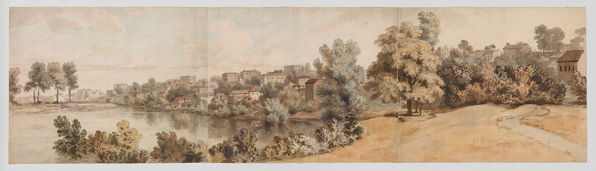 Italianate river landscape, William Taverner (British, London 1700–1772 London), Watercolor, gouache (bodycolor) and iron gall ink over graphite on three joined sheets 