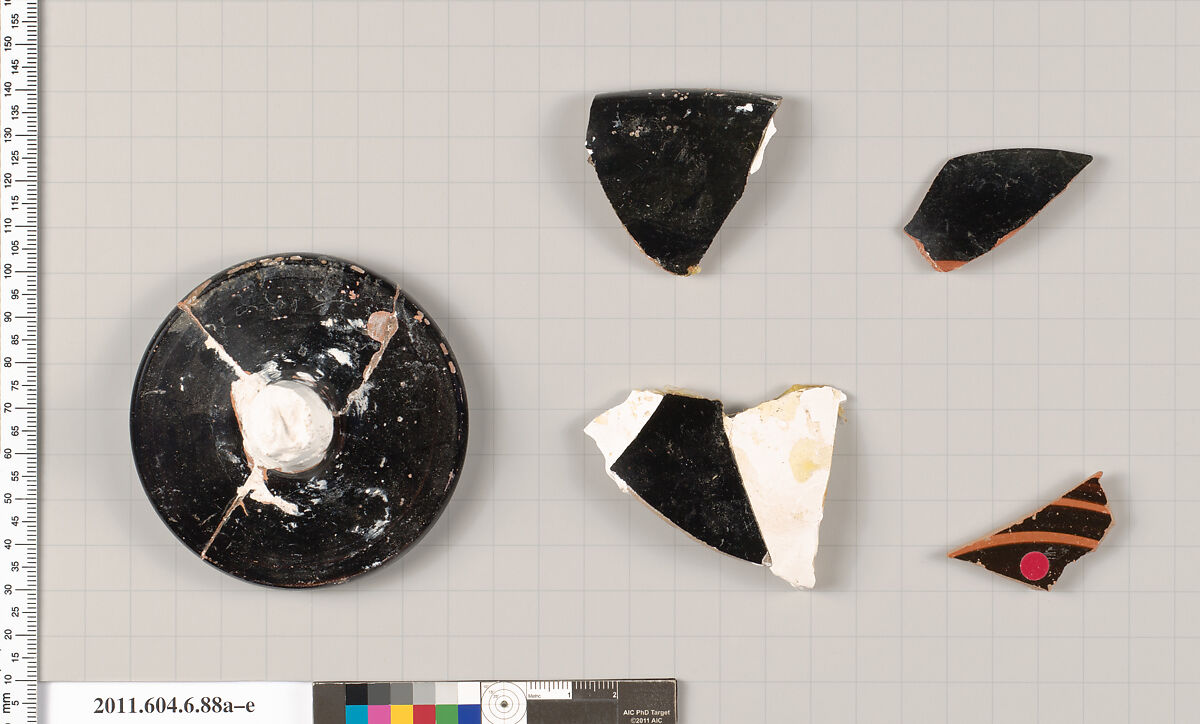 Terracotta fragments of a stemmed plate, Terracotta, Greek, Attic 