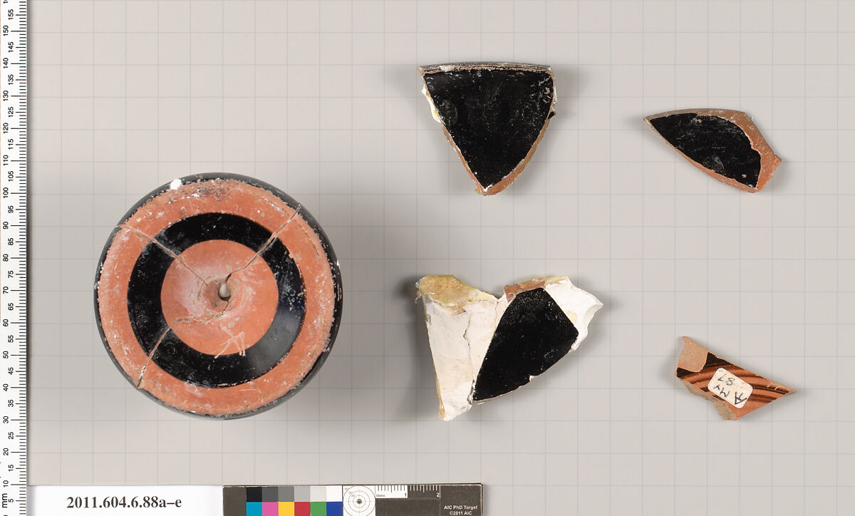 Terracotta fragments of a stemmed plate, Terracotta, Greek, Attic