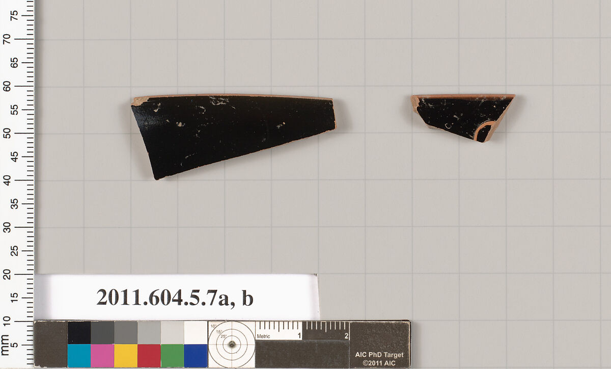 Terracotta rim fragments of a kylix (drinking cup), Terracotta, Greek, Attic 