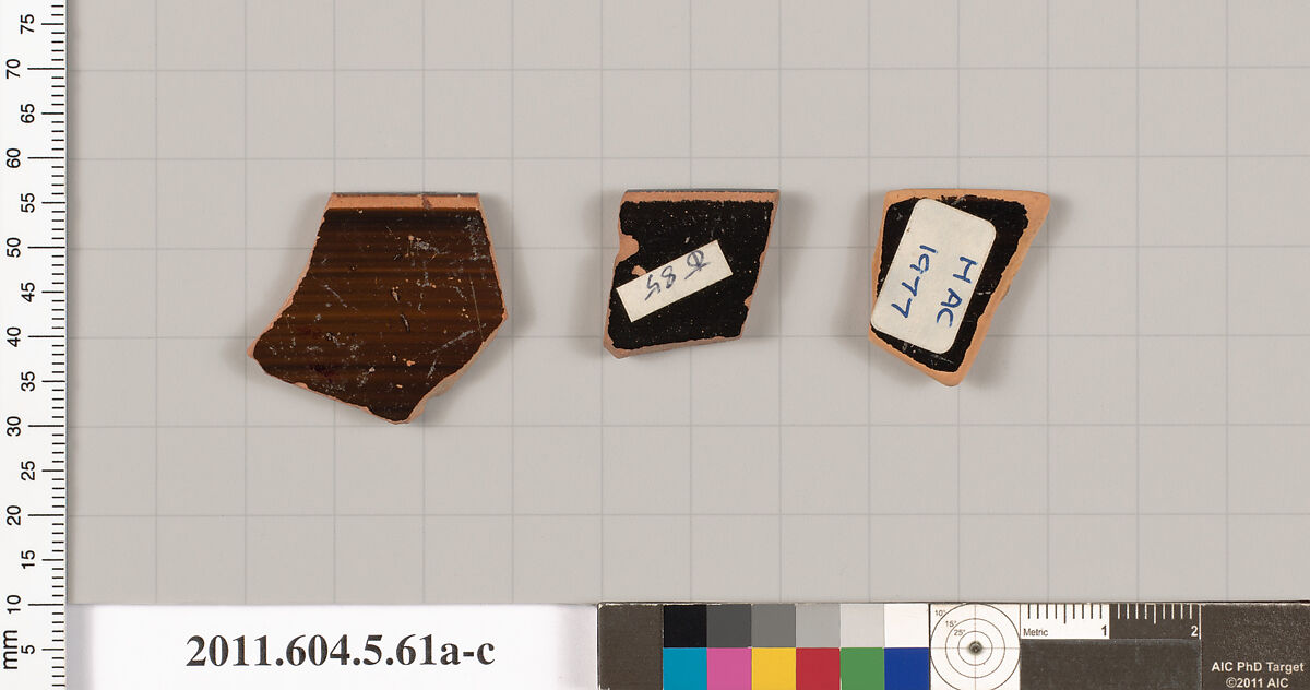 Terracotta rim fragments of kylikes (drinking cups), Terracotta, Greek, Attic