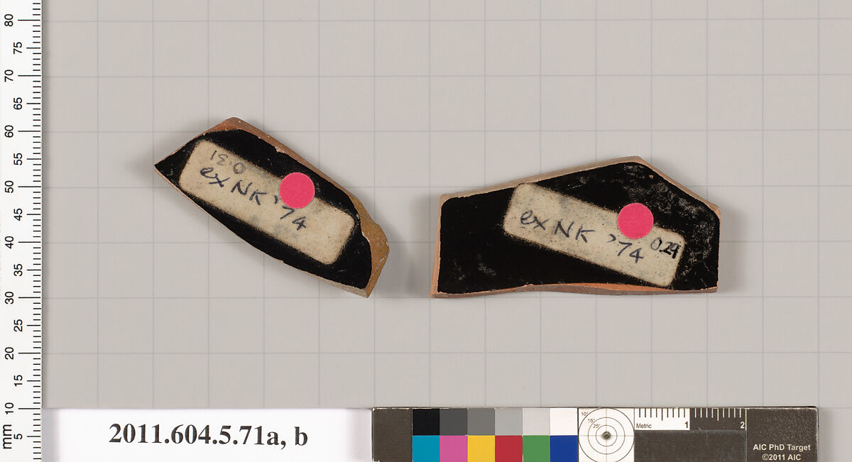 Terracotta fragments of a kylix (drinking cup), Terracotta, Greek, Attic