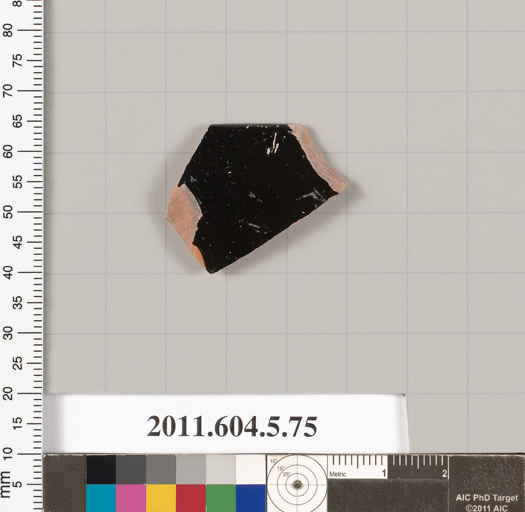 Terracotta fragment of a kylix (drinking cup), Terracotta, Greek, Attic 