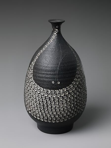 Vase, Kondō Yutaka (Japanese, 1932–1983), Stoneware with stamped design and black glaze, Japan 