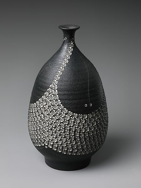 Vase, Kondō Yutaka (Japanese, 1932–1983), Stoneware with stamped design and black glaze, Japan